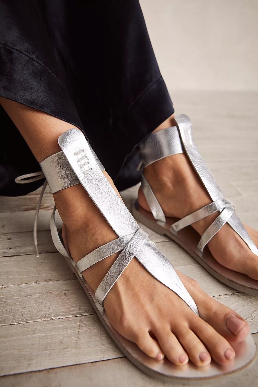NWOB Free People Silver Leather Vacation Day Wrap Sandal, Size 38 (US 7.5)